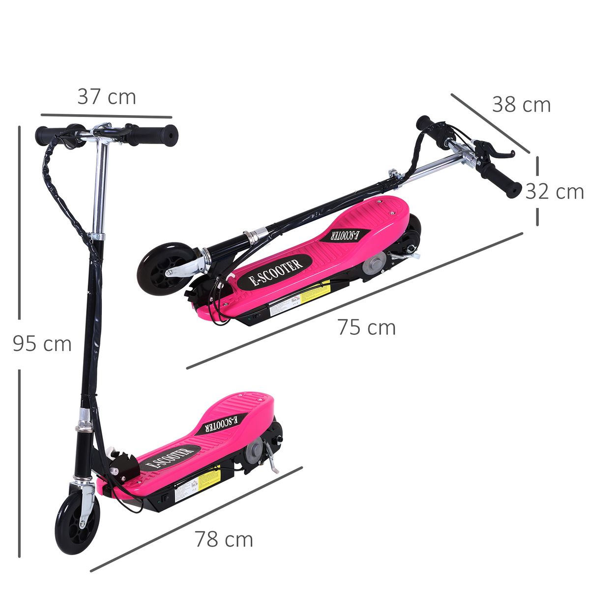 Patinete eléctrico infantil Homcom manillar ajustable +7A rosa 87-95x78x37 cm medidas