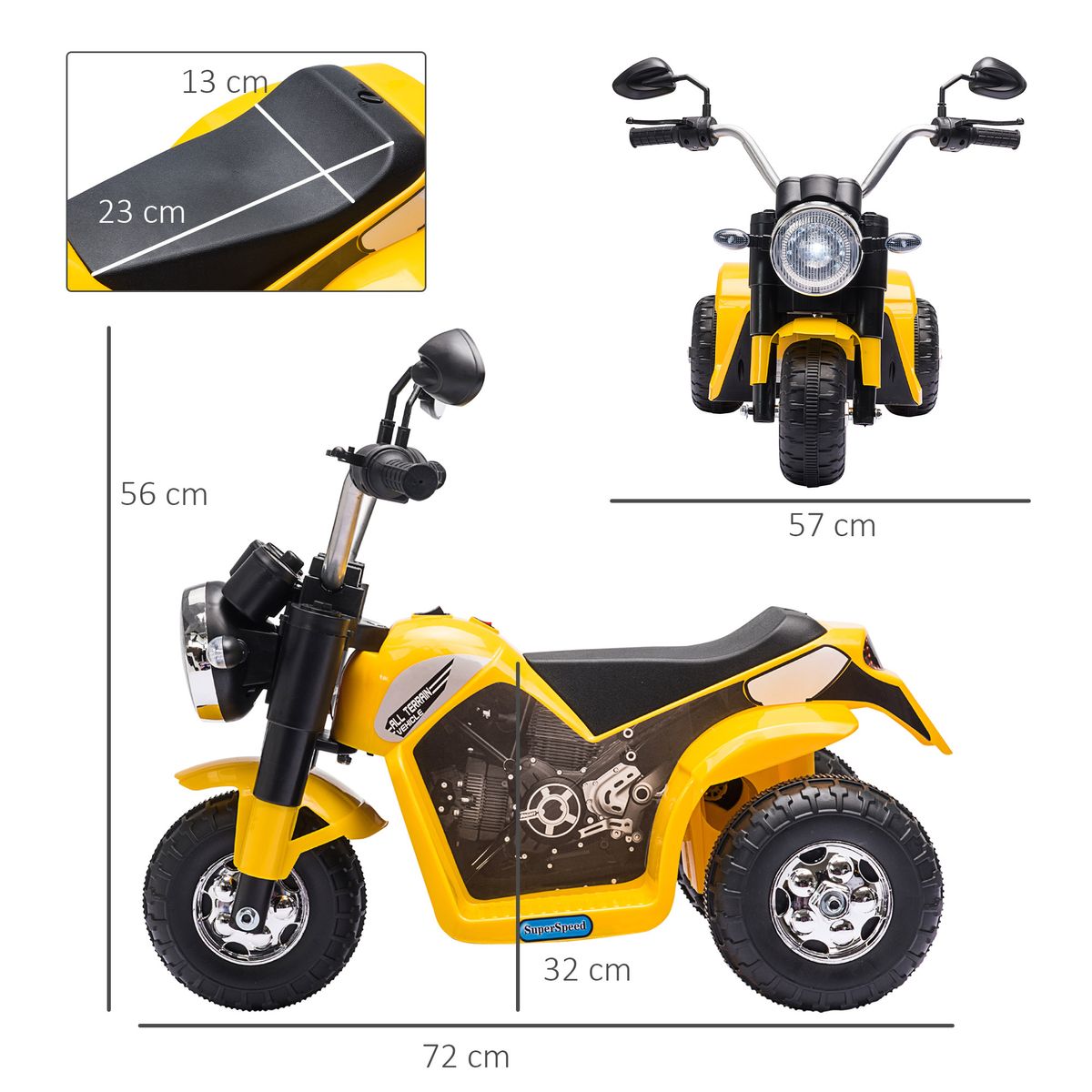 Moto eléctrica infantil Homcom 3 ruedas con bocina + faro 1-3 años amarillo 56x72x57 cm medidas