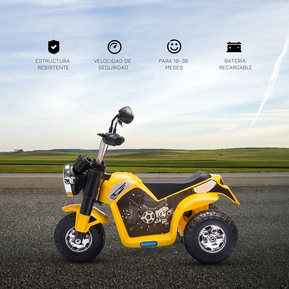 Moto eléctrica infantil Homcom 3 ruedas con bocina + faro 1-3 años amarillo 56x72x57 cm animada