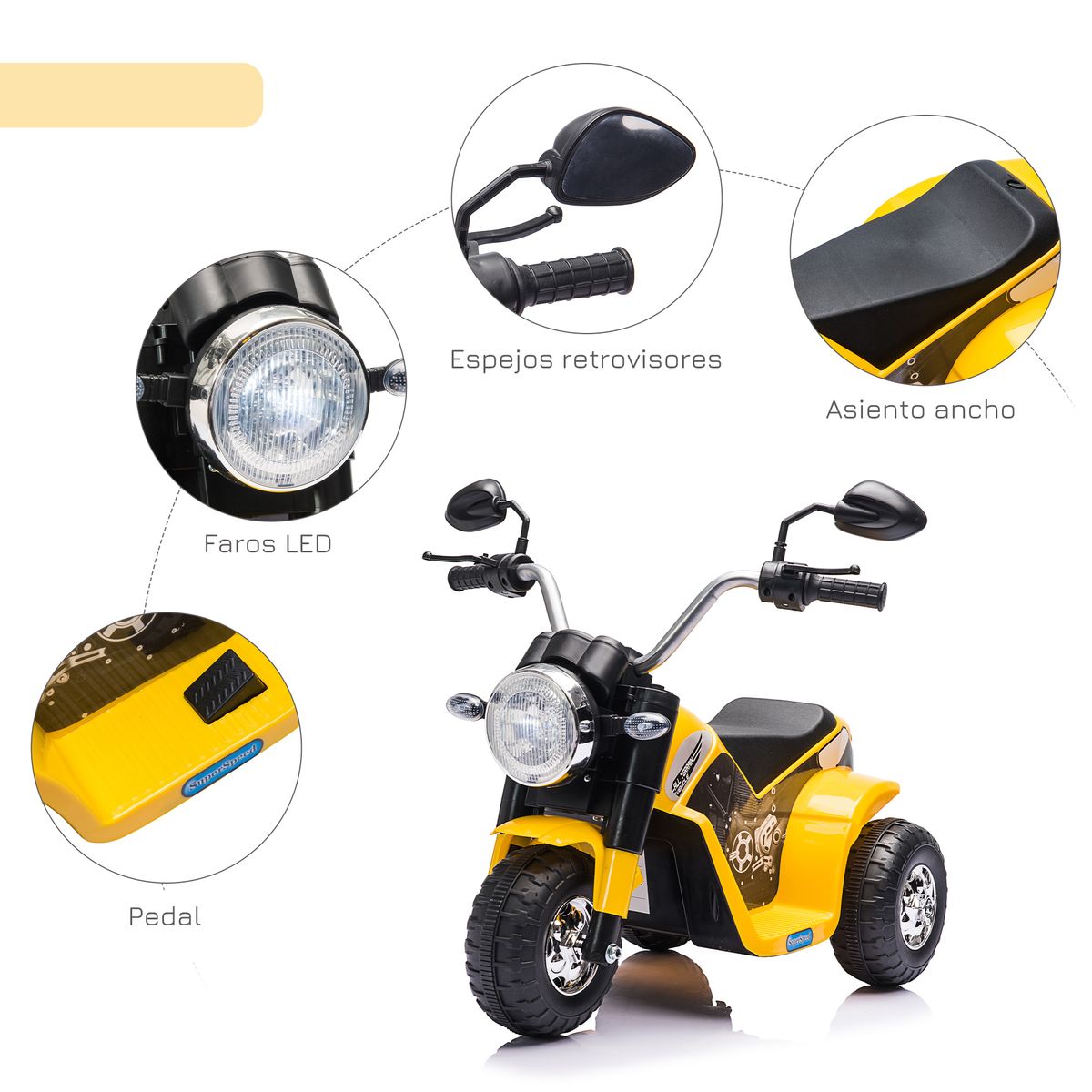 Moto eléctrica infantil Homcom 3 ruedas con bocina + faro 1-3 años amarillo 56x72x57 cm detalles