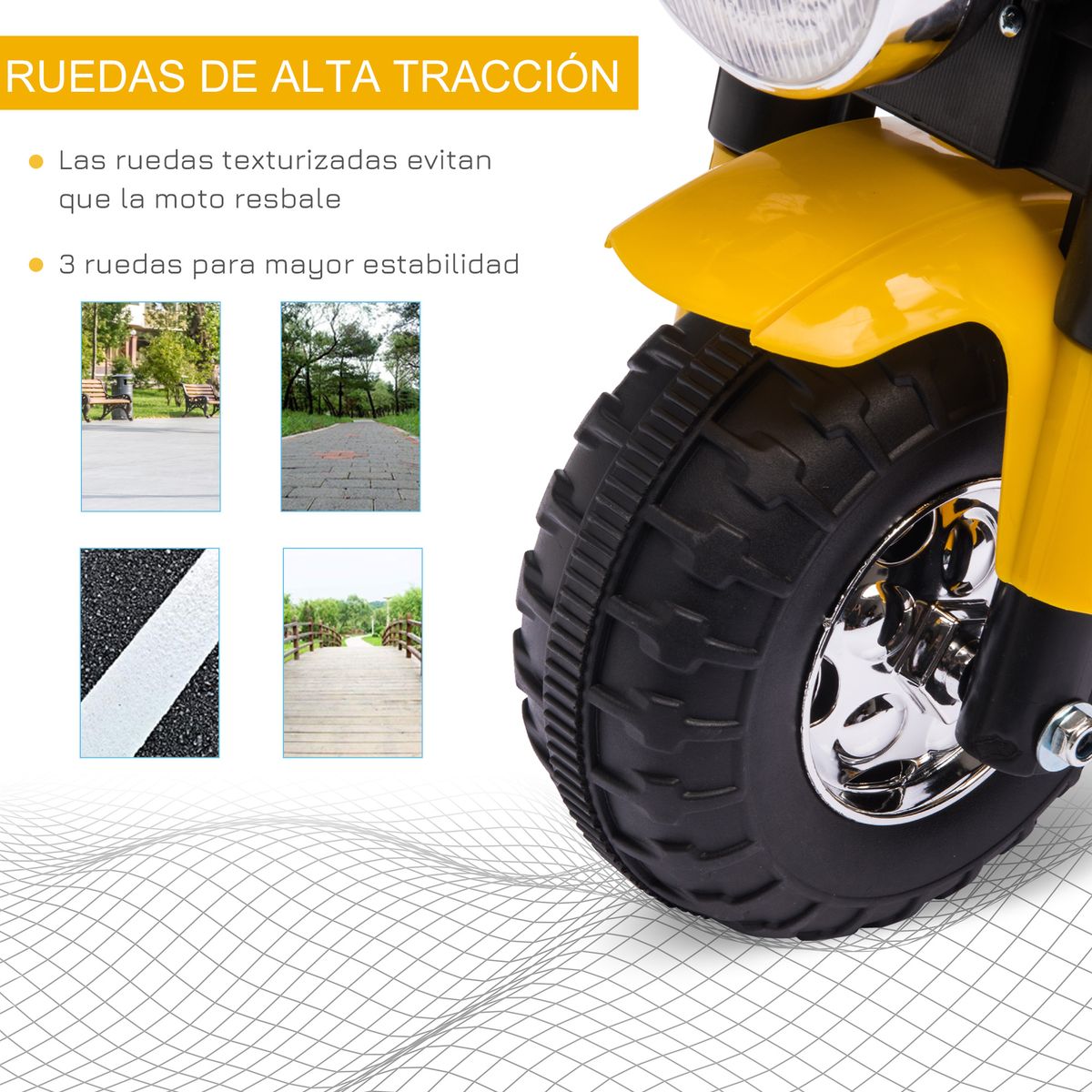 Moto eléctrica infantil Homcom 3 ruedas con bocina + faro 1-3 años amarillo 56x72x57 cm ruedas