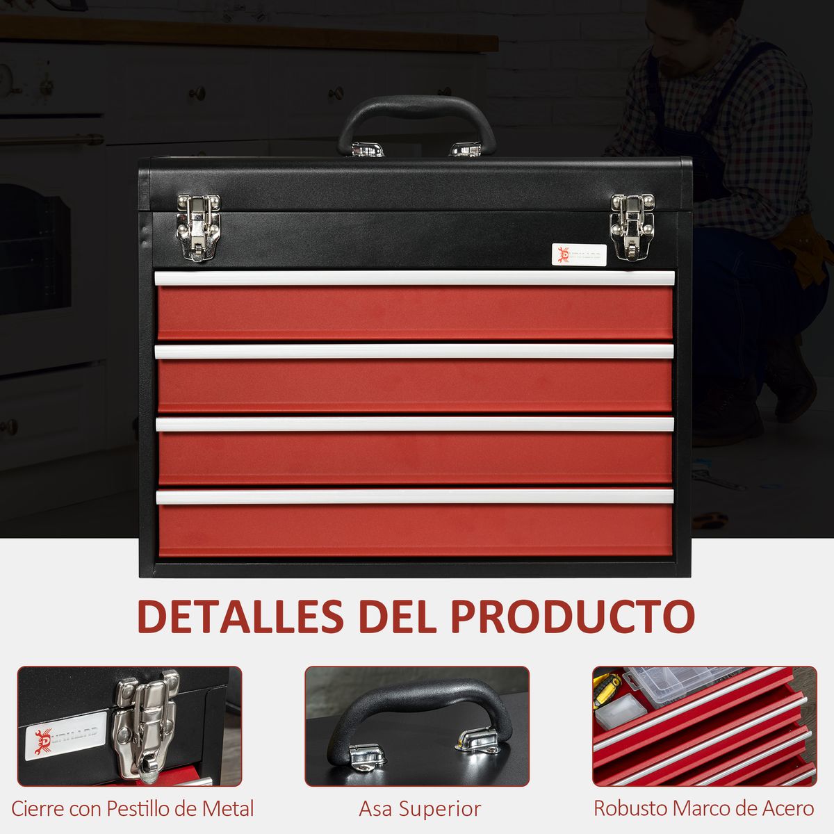 Maletín de herramientas Durhand con 3 cajones + caja rojo 27x45x24 cm