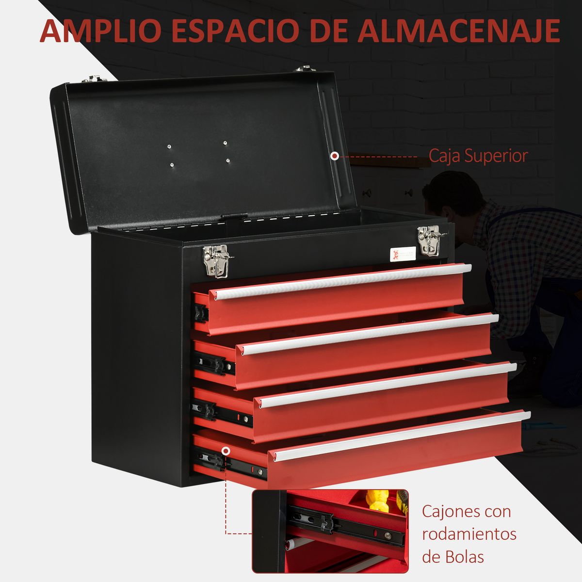 Maletín de herramientas Durhand con 3 cajones + caja rojo 27x45x24 cm