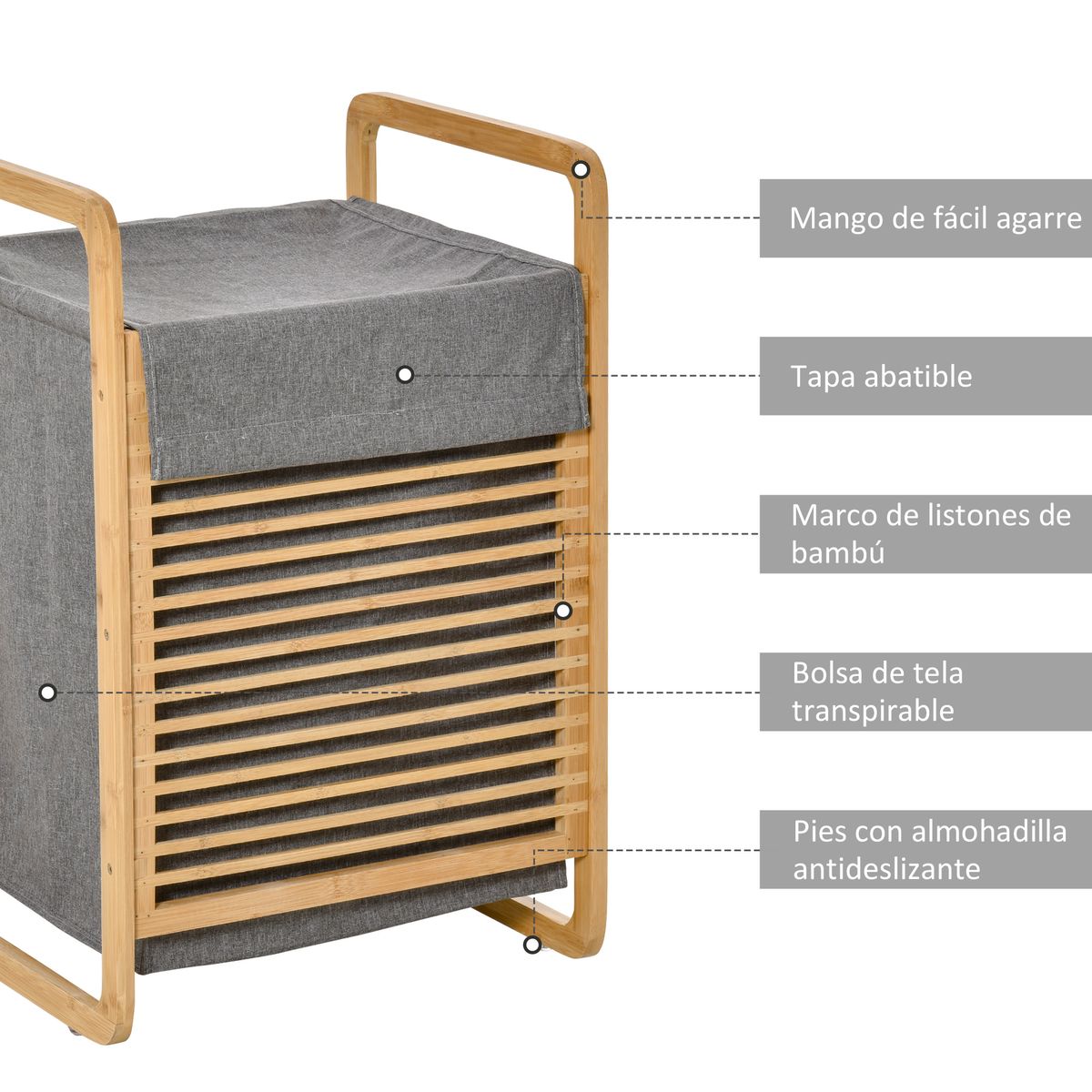 Cesto para ropa sucia Luxe Homcom con bolsa extraíble bambú natural/gris 60,5x35,5x40