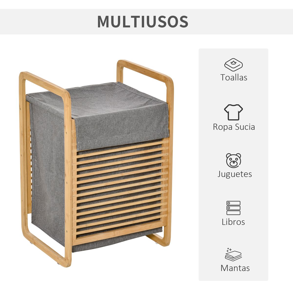 Cesto para ropa sucia Luxe Homcom con bolsa extraíble bambú natural/gris 60,5x35,5x40
