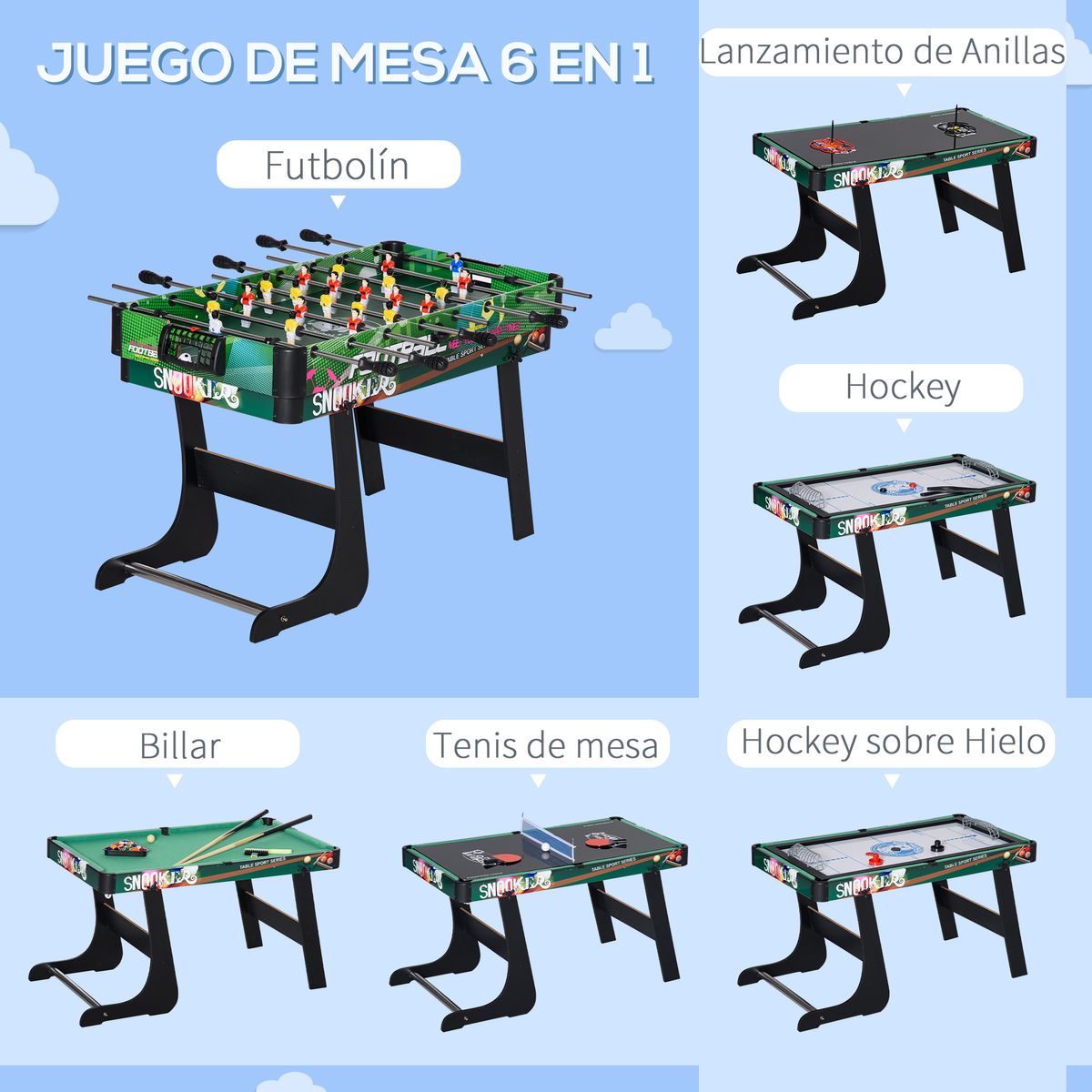 Mesa multijuegos infantil Homcom 6 en 1 +7 años multicolor 71x118x104 cm web