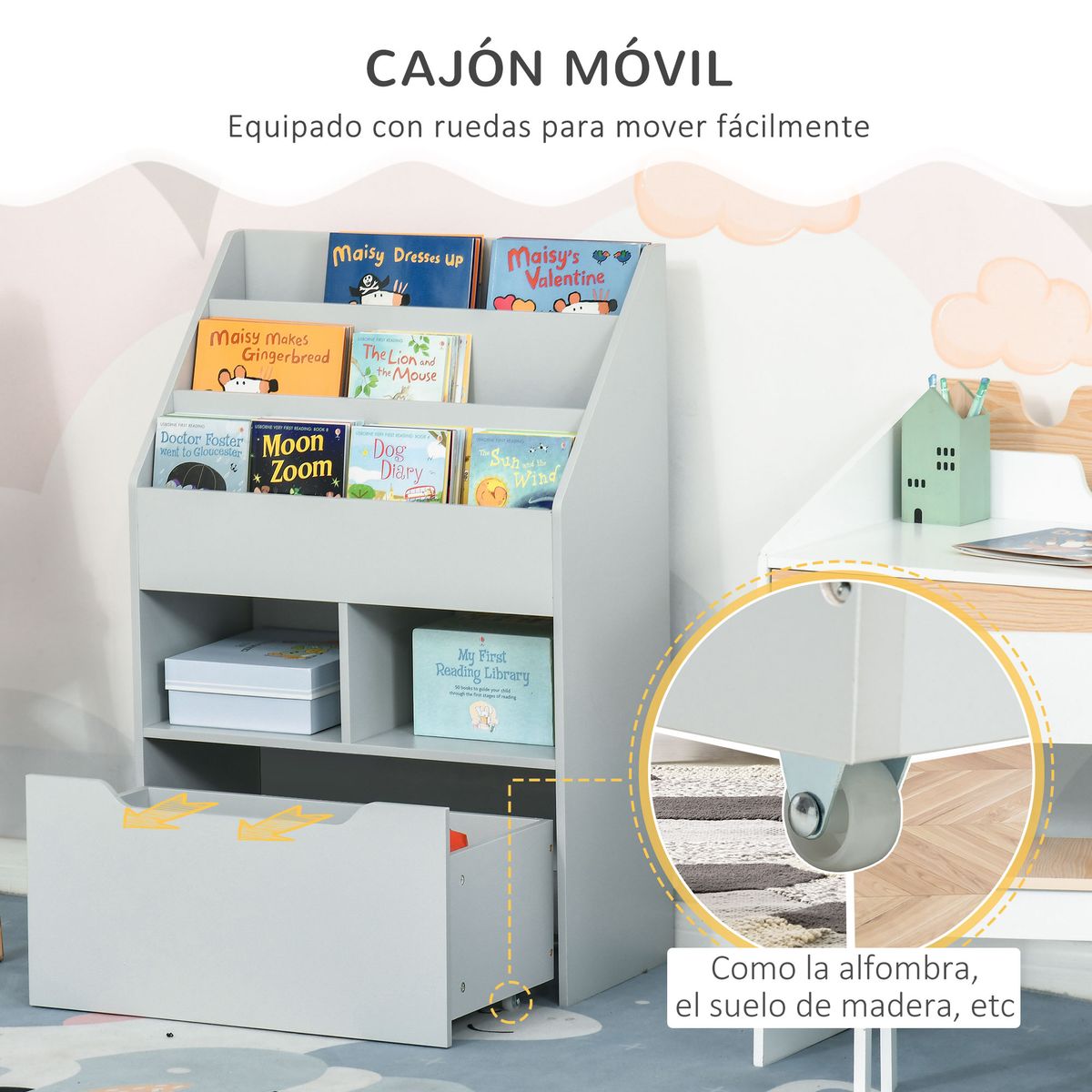 Estantería Moni Homcom 3 compartimentos + 2 cubos + cajón gris 90x60x29,9 cm