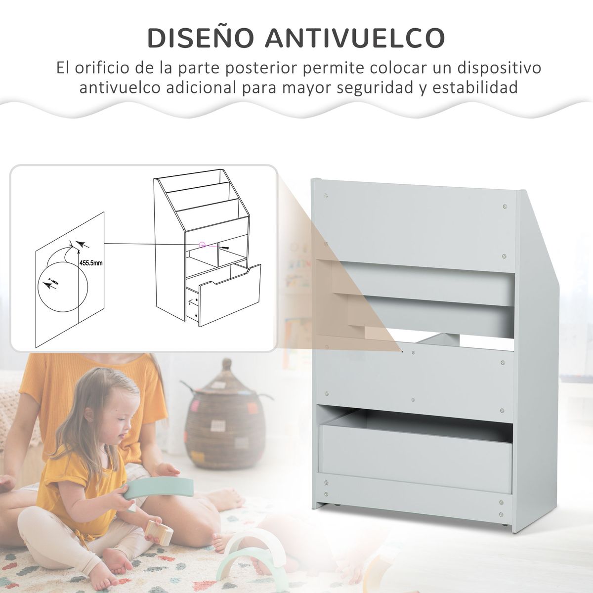 Estantería Moni Homcom 3 compartimentos + 2 cubos + cajón gris 90x60x29,9 cm