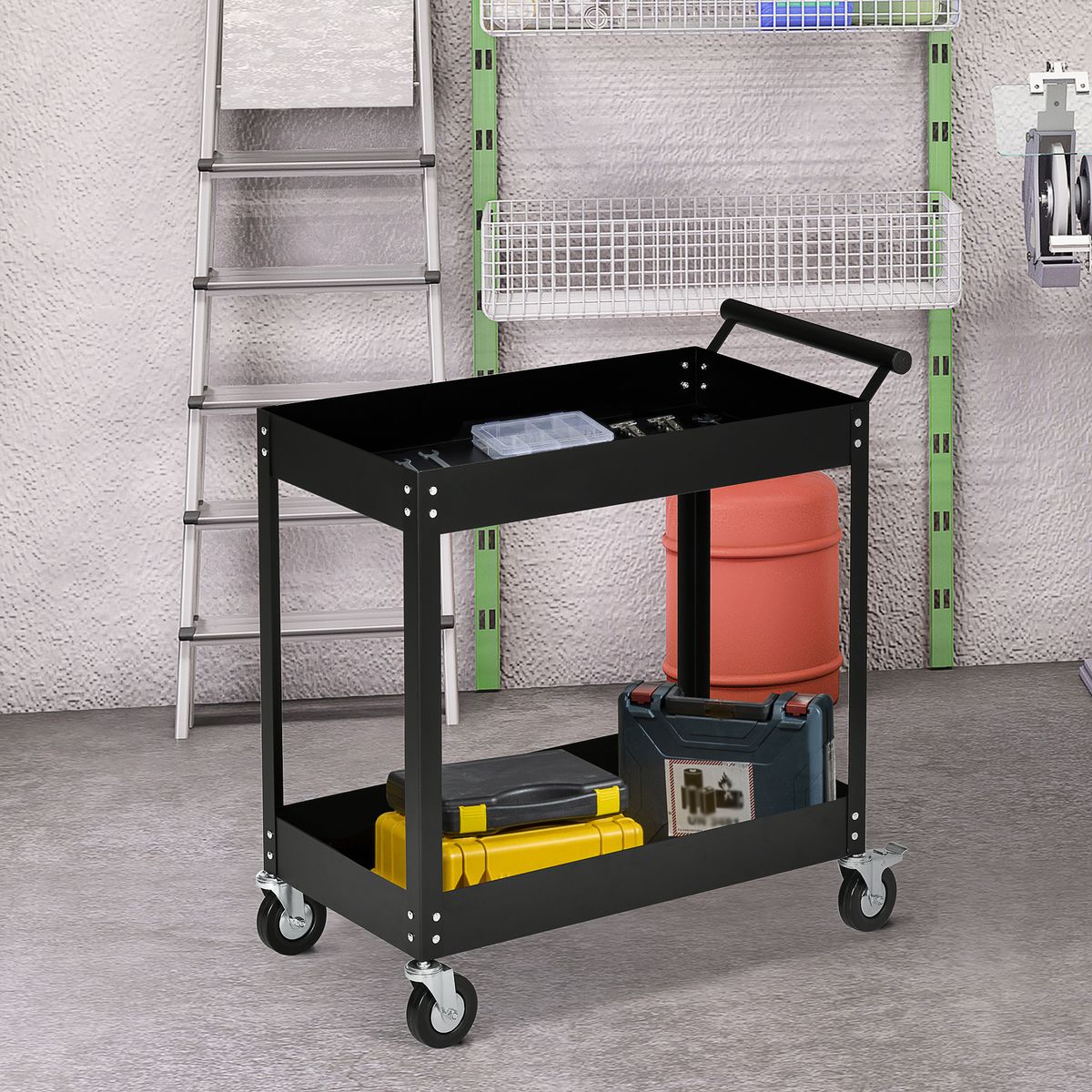Carro de herramientas Durhand 2 niveles con asa + ruedas negro 84x84,5x38 cm animada