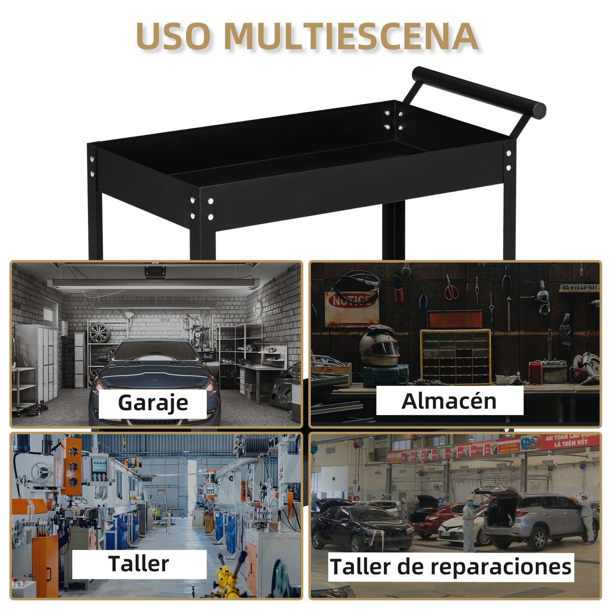 Carro de herramientas Durhand 2 niveles con asa + ruedas negro 84x84,5x38 cm