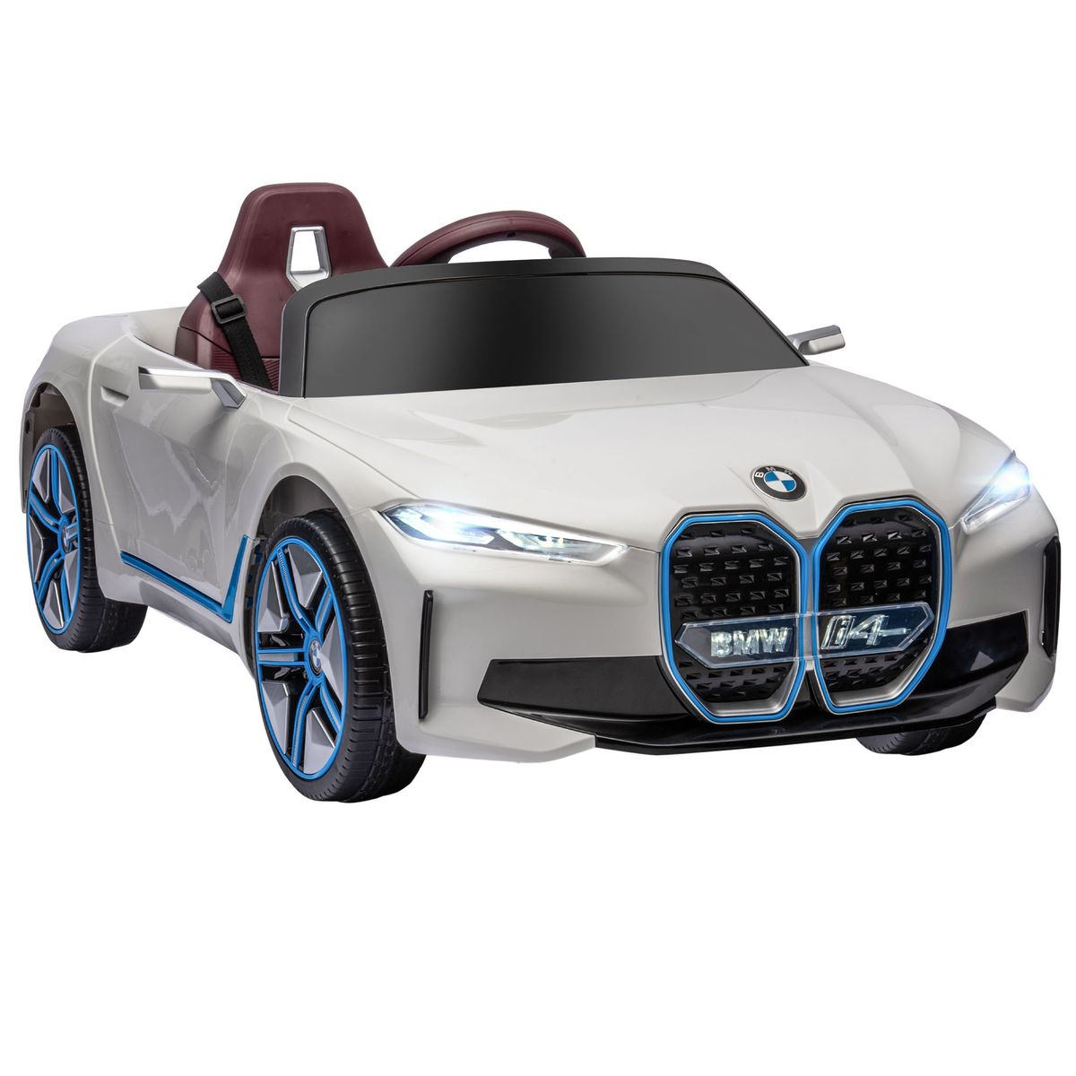 Coche eléctrico BMW I4 Homcom control remoto + cinturón de seguridad +3A blanco 45x115x67 cm fondo blanco