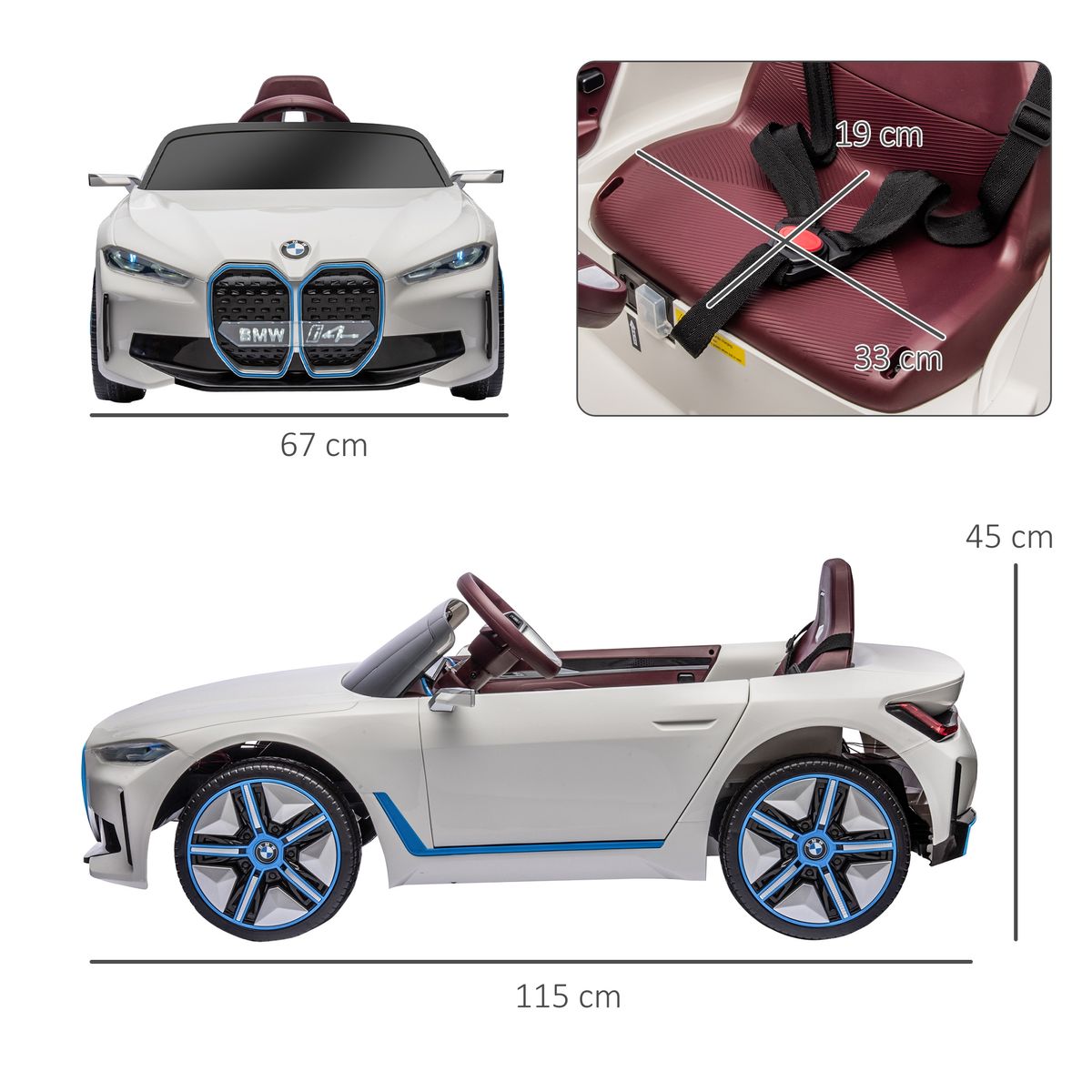 Coche eléctrico BMW I4 Homcom control remoto + cinturón de seguridad +3A blanco 45x115x67 cm medidas