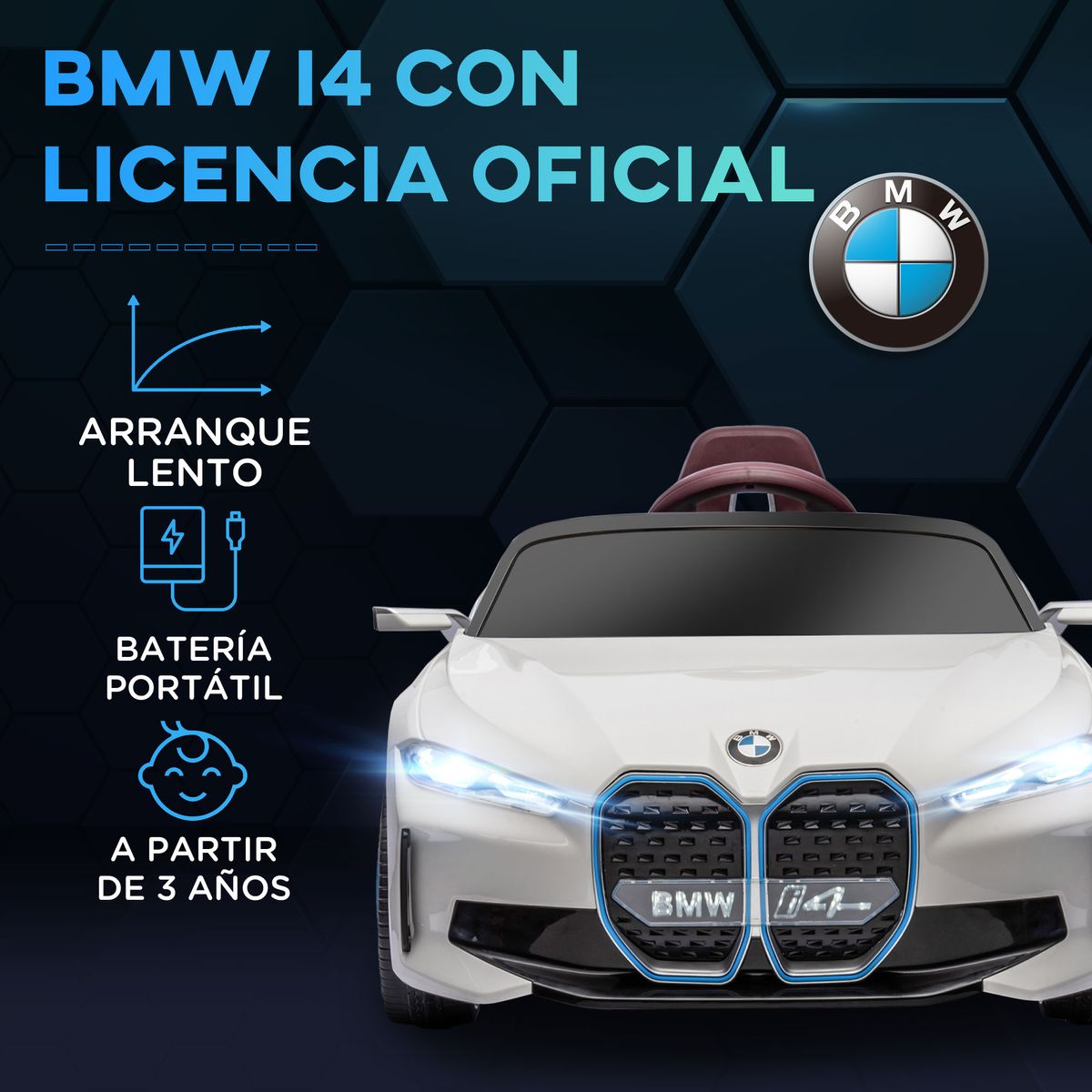 Coche eléctrico BMW I4 Homcom control remoto + cinturón de seguridad +3A blanco 45x115x67 cm frontal