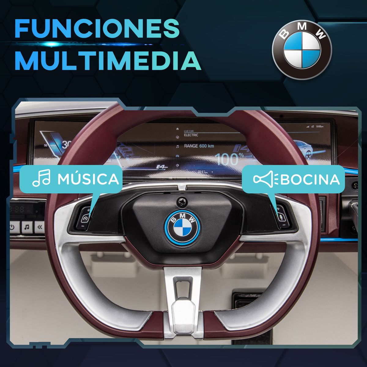 Coche eléctrico BMW I4 Homcom control remoto + cinturón de seguridad +3A blanco 45x115x67 cm