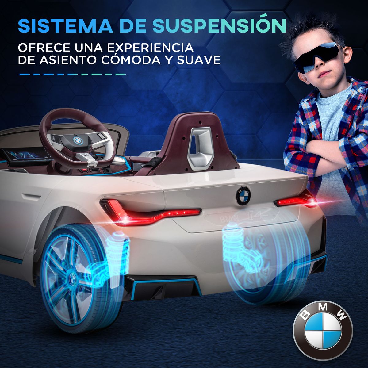 Coche eléctrico BMW I4 Homcom control remoto + cinturón de seguridad +3A blanco 45x115x67 cm