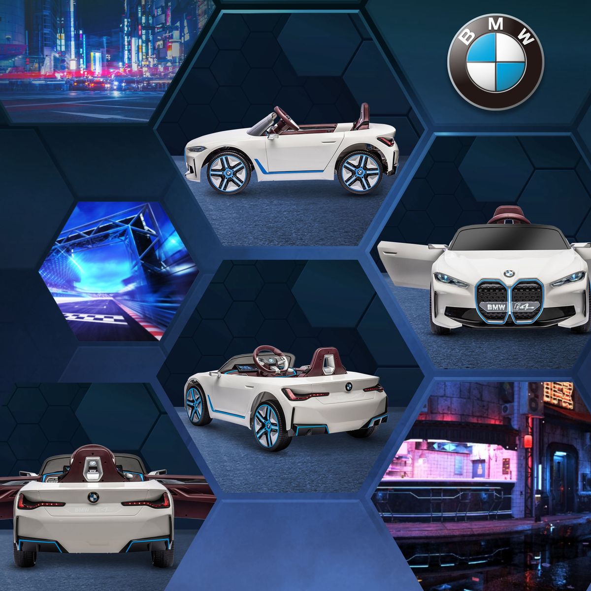 Coche eléctrico BMW I4 Homcom control remoto + cinturón de seguridad +3A blanco 45x115x67 cm