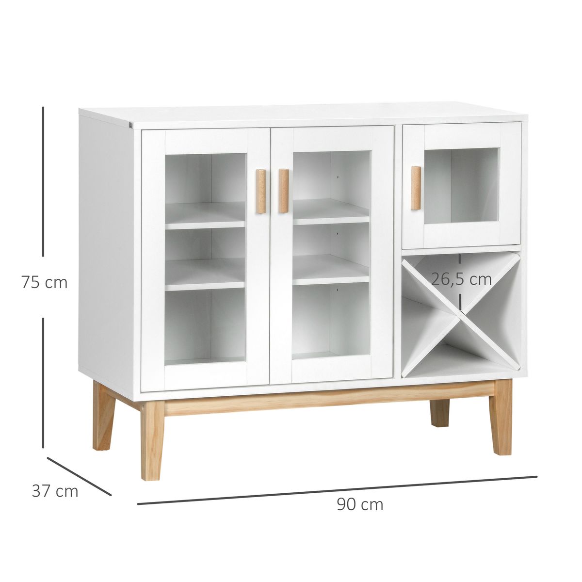 Aparador Nórdica Homcom 3 puertas + botellero blanco 75x90x37 cm medidas