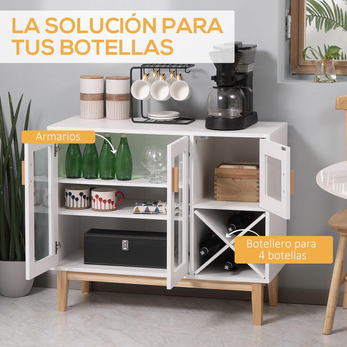 Aparador Nórdica Homcom 3 puertas + botellero blanco 75x90x37 cm