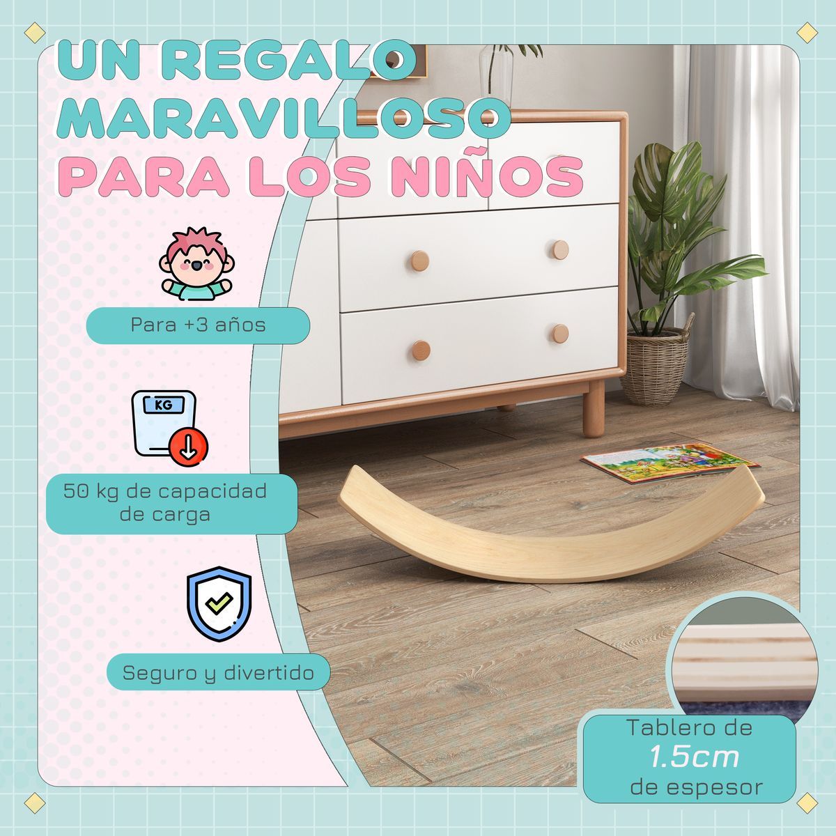 Tabla de equilibrio infantil Skat Aiyaplay +3A natural 19x90x29 cm