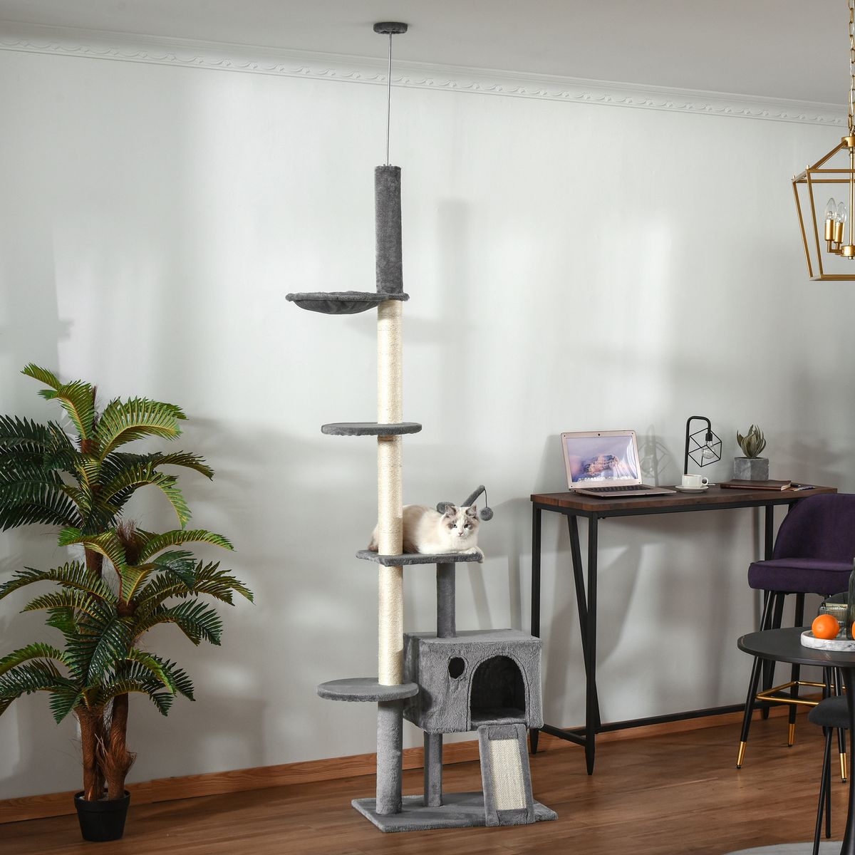 Árbol rascador PawHut altura ajustable con hamaca gris claro 238-270x60x40 cm animada