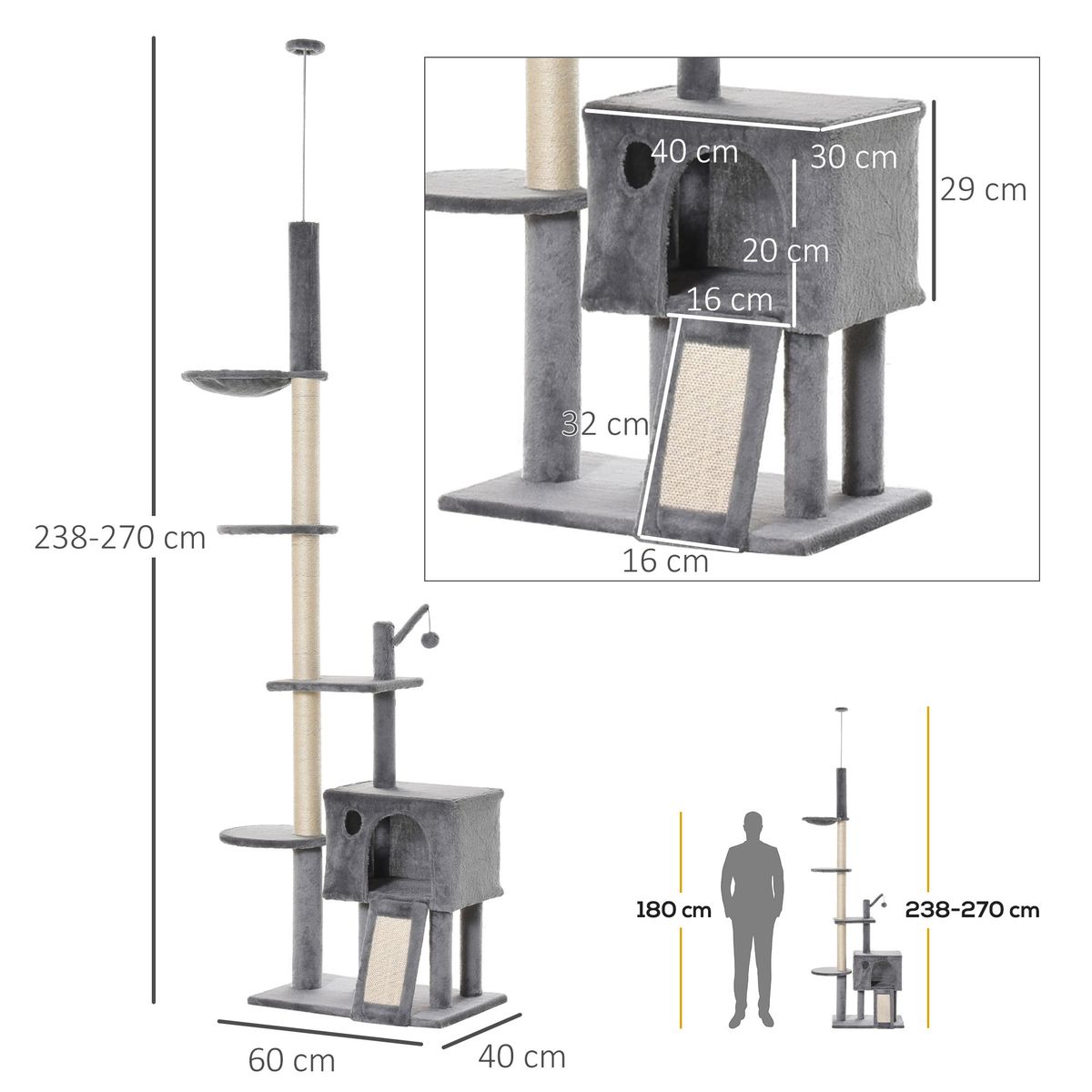 Árbol rascador PawHut altura ajustable con hamaca gris claro 238-270x60x40 cm medidas