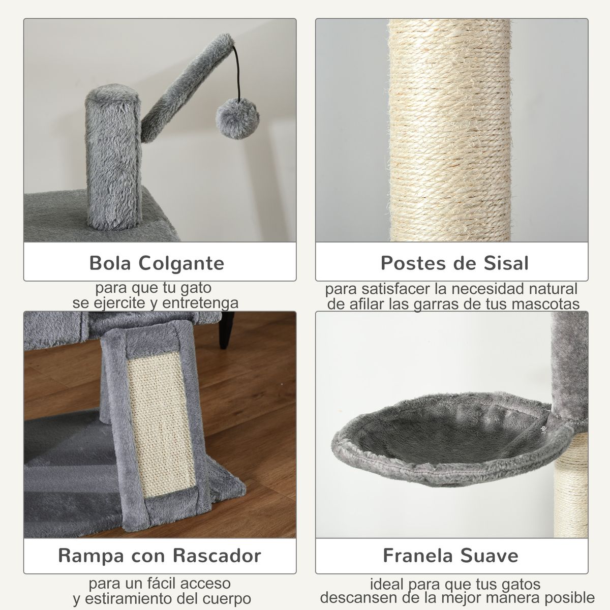 Árbol rascador PawHut altura ajustable con hamaca gris claro 238-270x60x40 cm