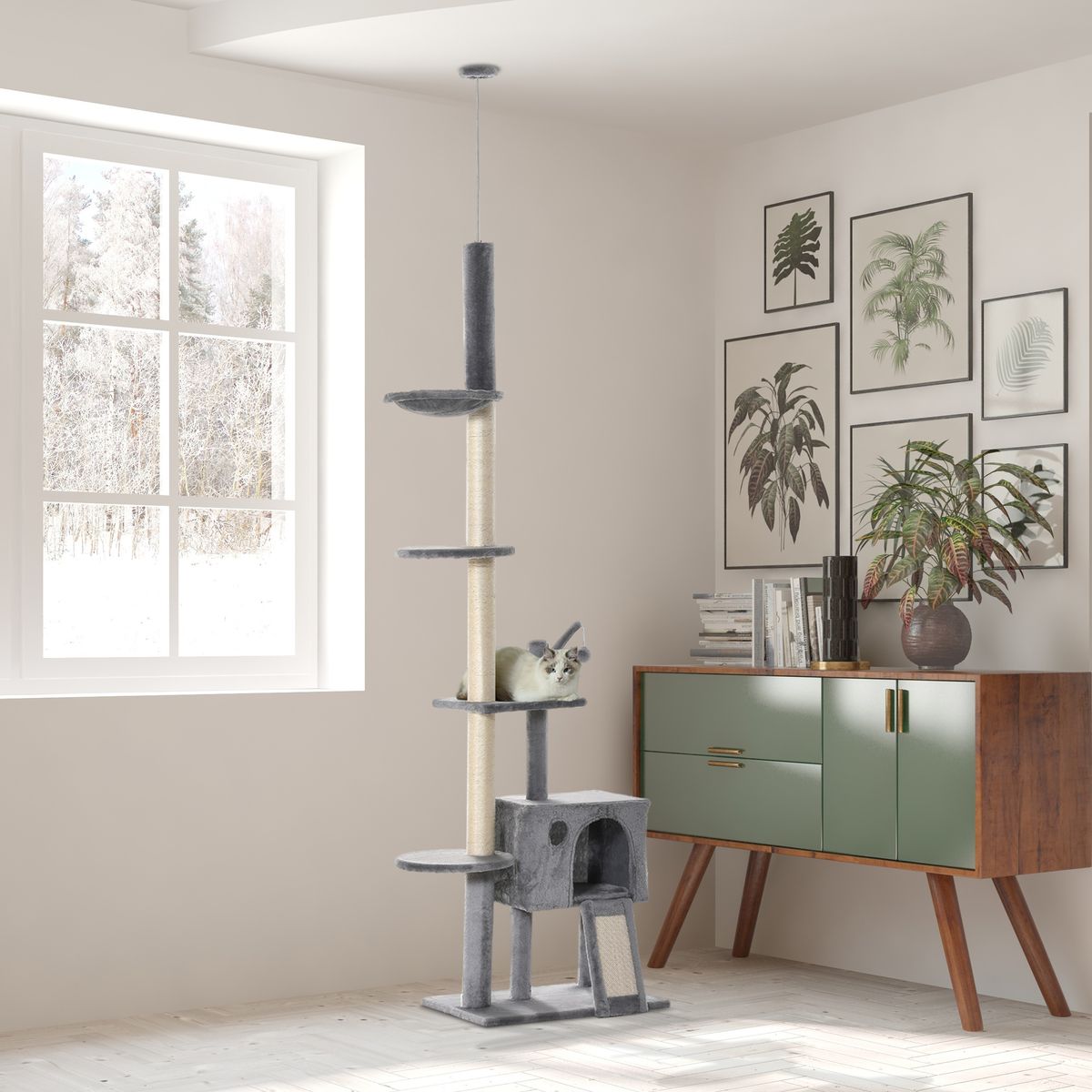 Árbol rascador PawHut altura ajustable con hamaca gris claro 238-270x60x40 cm animada