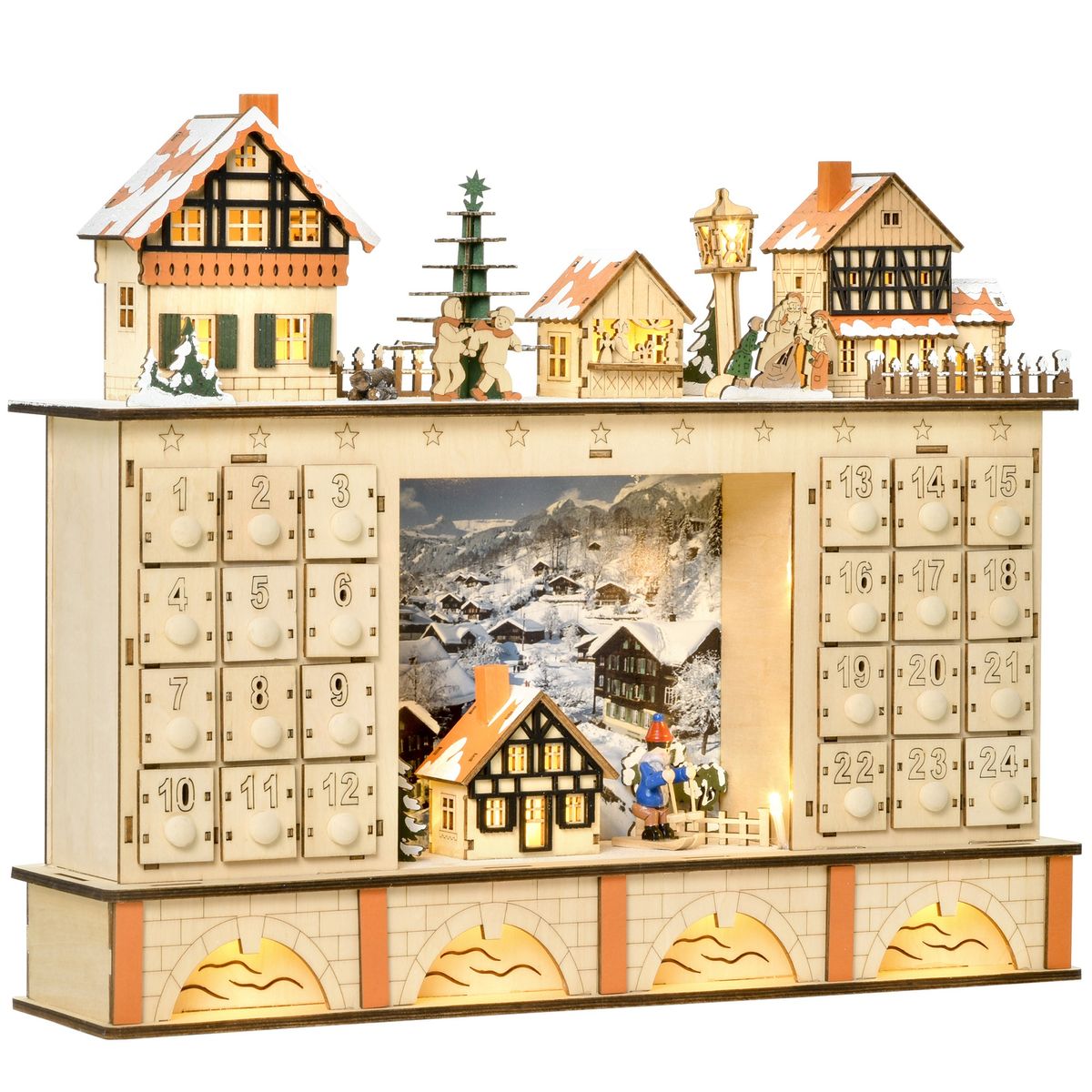 Calendario de Adviento decorativo Homcom 24 cajones para llenar natural 37x44x10 cm fondo blanco