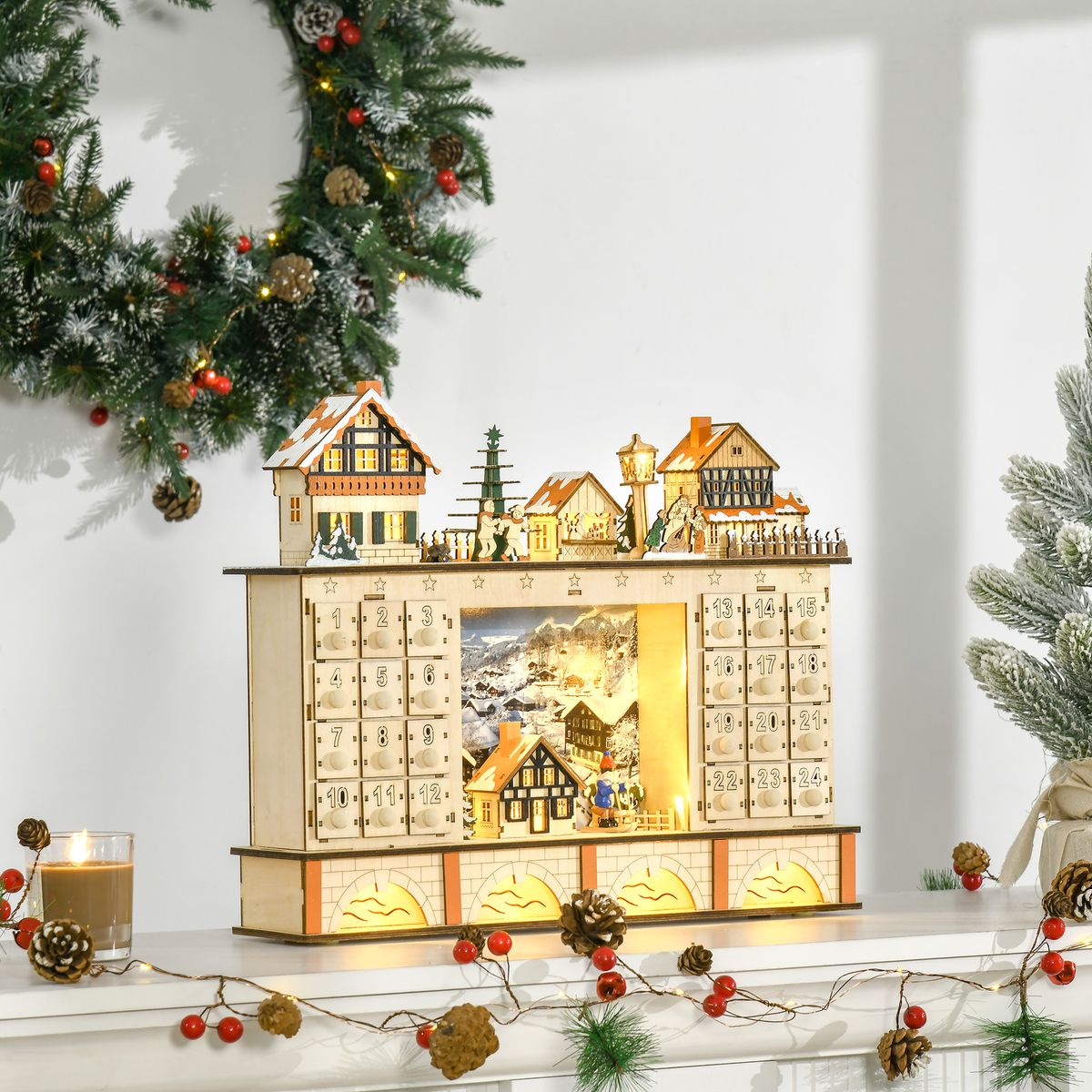 Calendario de Adviento decorativo Homcom 24 cajones para llenar natural 37x44x10 cm animada