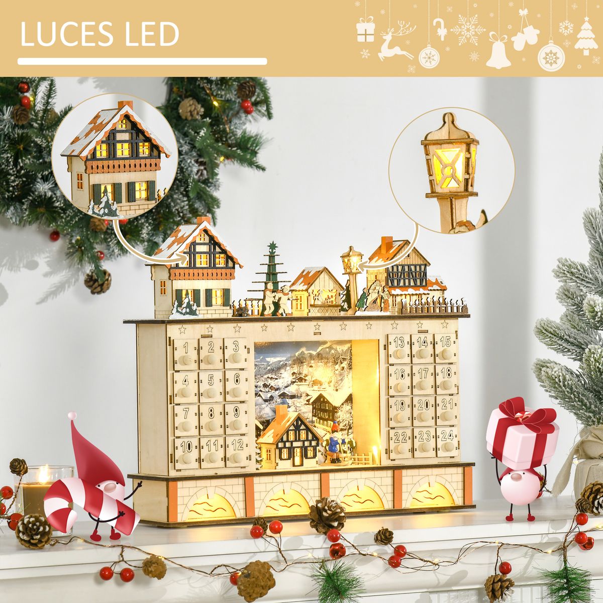 Calendario de Adviento decorativo Homcom 24 cajones para llenar natural 37x44x10 cm