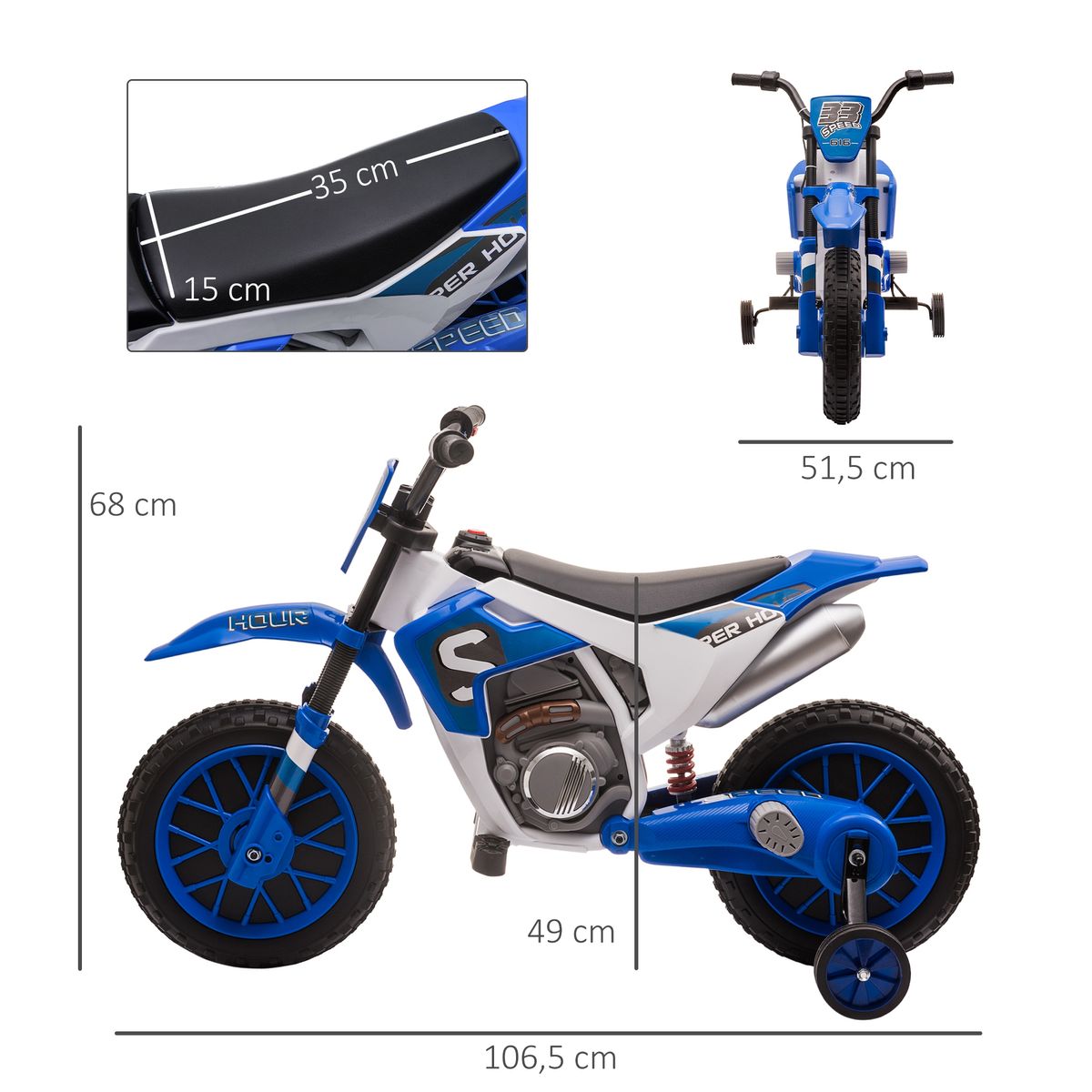 Moto eléctrica Speed Homcom con ruedines +3A azul 68x106,5x51,5 cm medidas