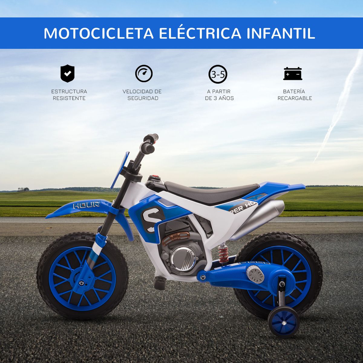Moto eléctrica Speed Homcom con ruedines +3A azul 68x106,5x51,5 cm perfil