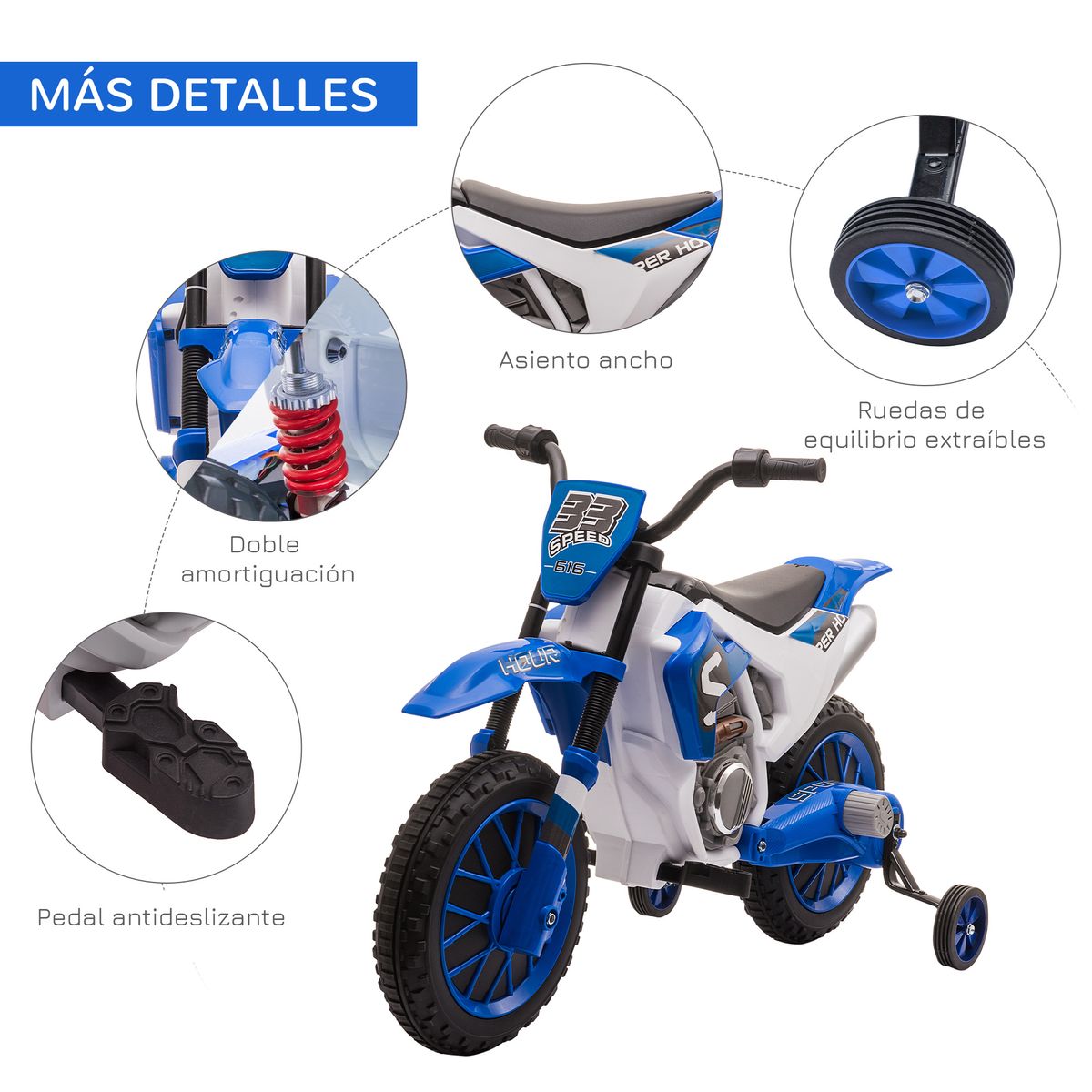 Moto eléctrica Speed Homcom con ruedines +3A azul 68x106,5x51,5 cm web