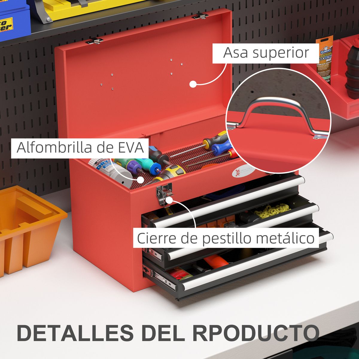 Caja de herramientas Durhand 3 cajones + caja superior rojo 27x45x24 cm web