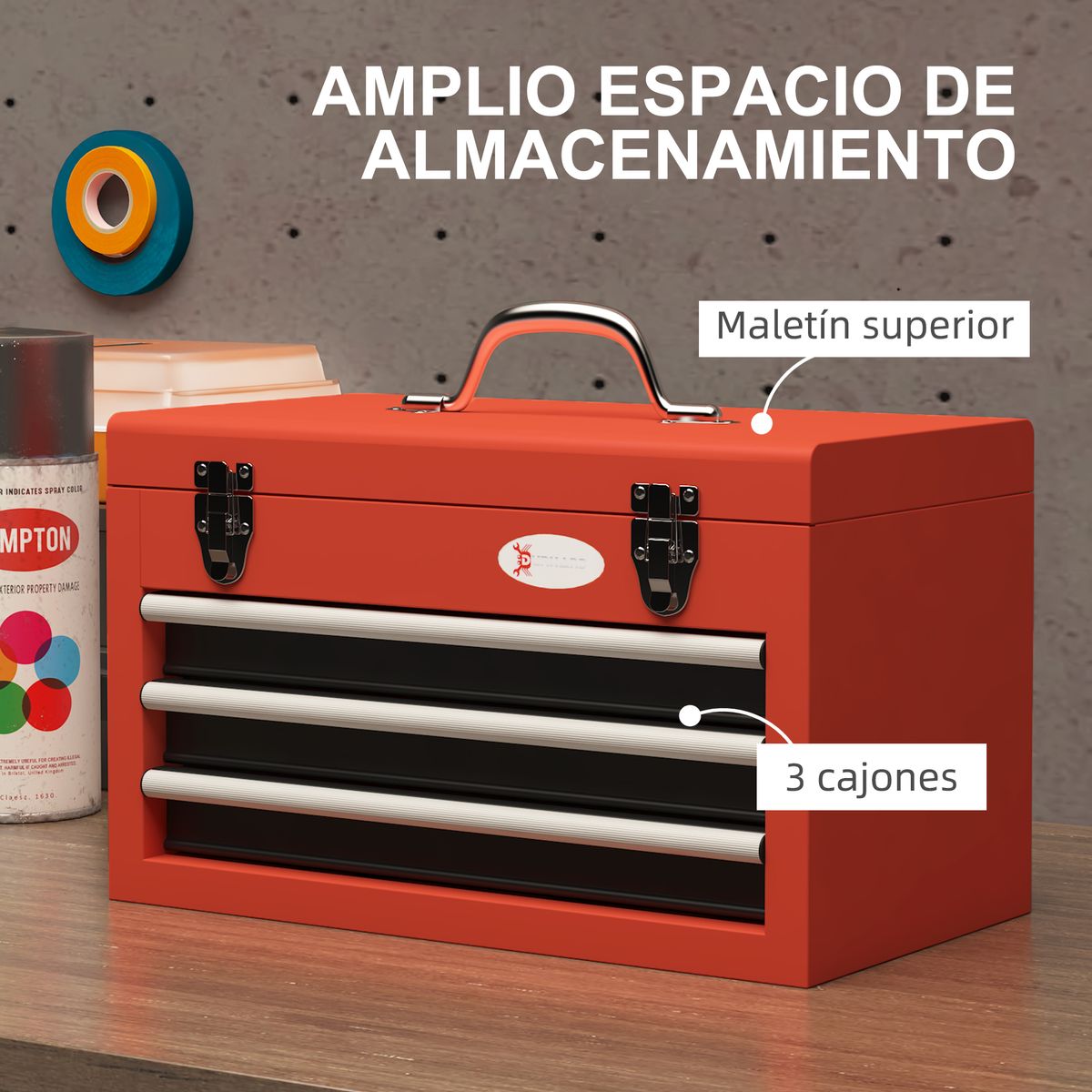 Caja de herramientas Durhand 3 cajones + caja superior rojo 27x45x24 cm