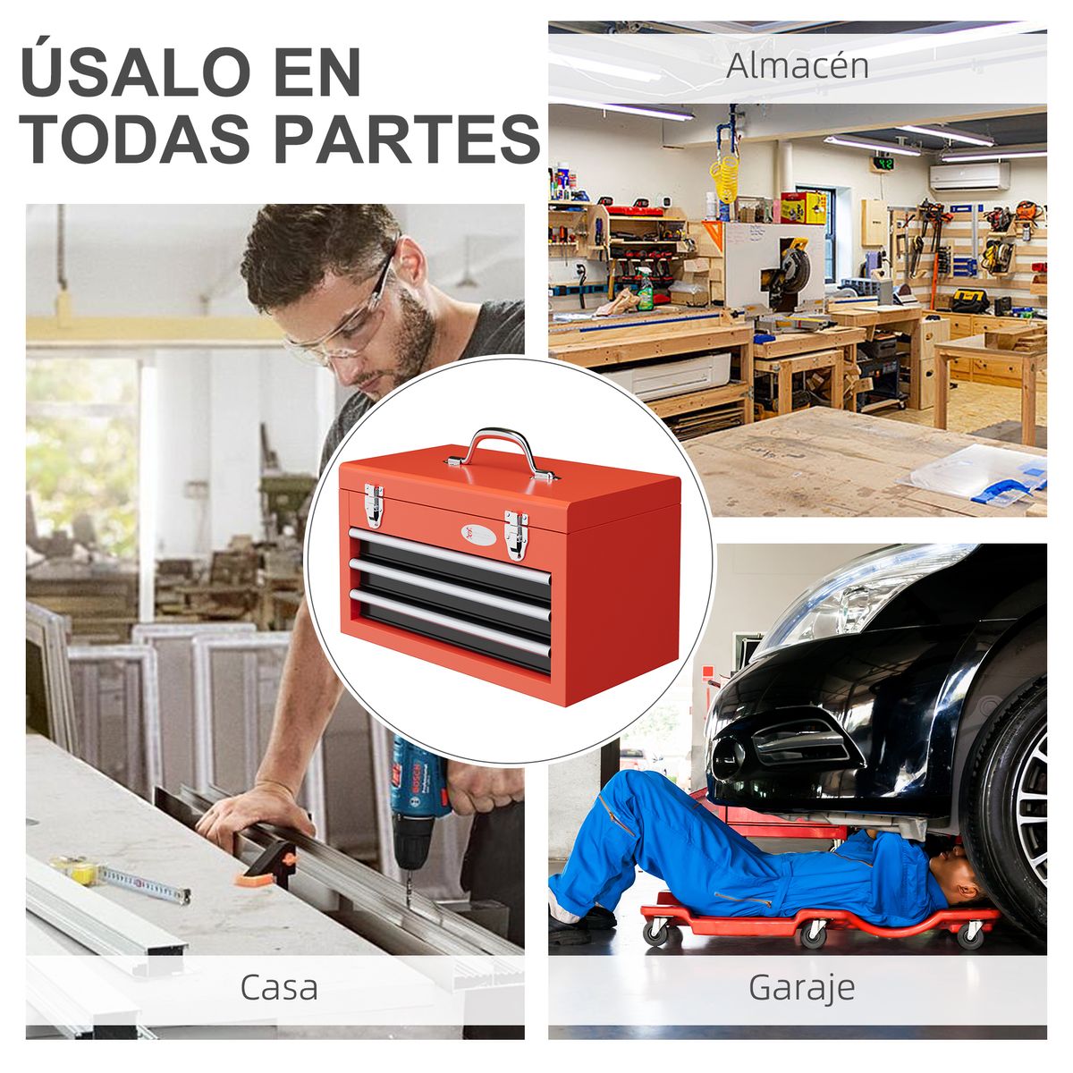 Caja de herramientas Durhand 3 cajones + caja superior rojo 27x45x24 cm
