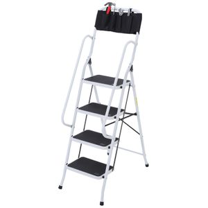 Escalera de trabajo Homcom 4 peldaños + portaherramientas blanco/negro 155x50x83 cm