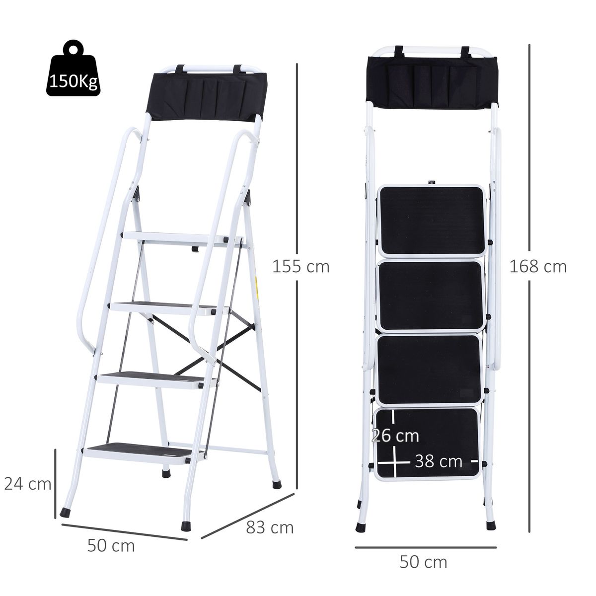 Escalera de trabajo Homcom 4 peldaños + portaherramientas blanco/negro 155x50x83 cm medidas