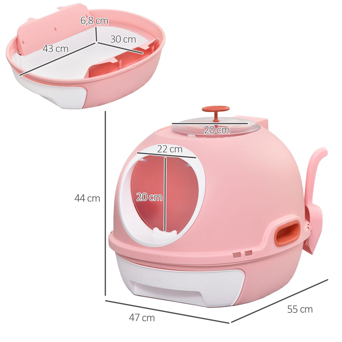 Arenero Submarino PawHut bandeja extraíble rosa 44x47x55 cm medidas
