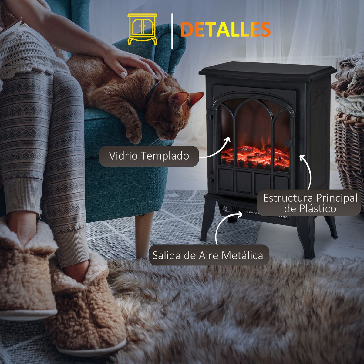 Chimenea eléctrica Heritage Homcom 2000w 2 potencias negro 56,5x39x23 cm