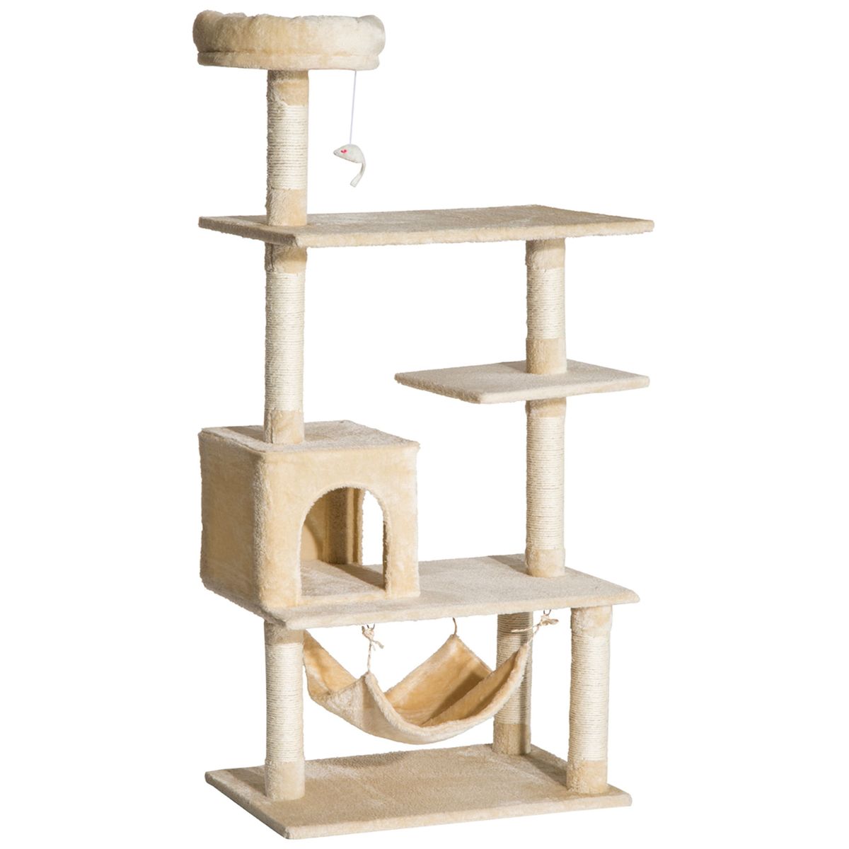 Árbol rascador Iguana PawHut hamaca + plataformas + cueva + bola beige 152x70x40 cm fondo blanco