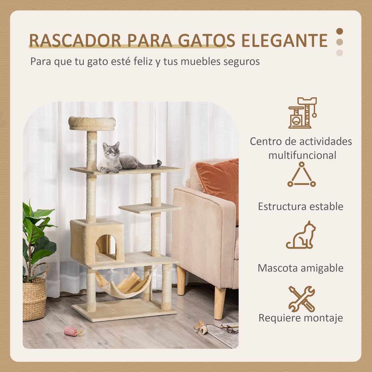 Árbol rascador Iguana PawHut hamaca + plataformas + cueva + bola beige 152x70x40 cm