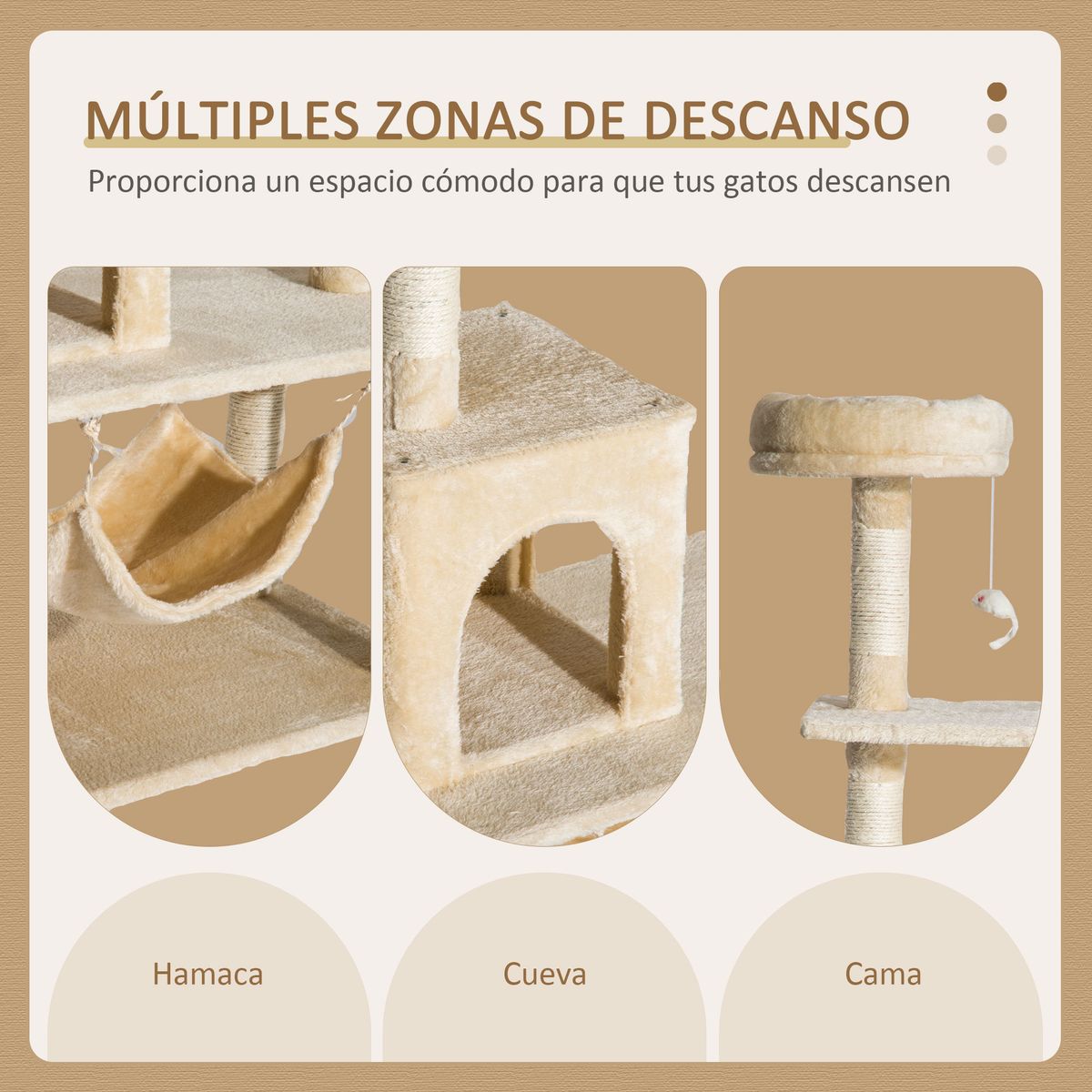 Árbol rascador Iguana PawHut hamaca + plataformas + cueva + bola beige 152x70x40 cm