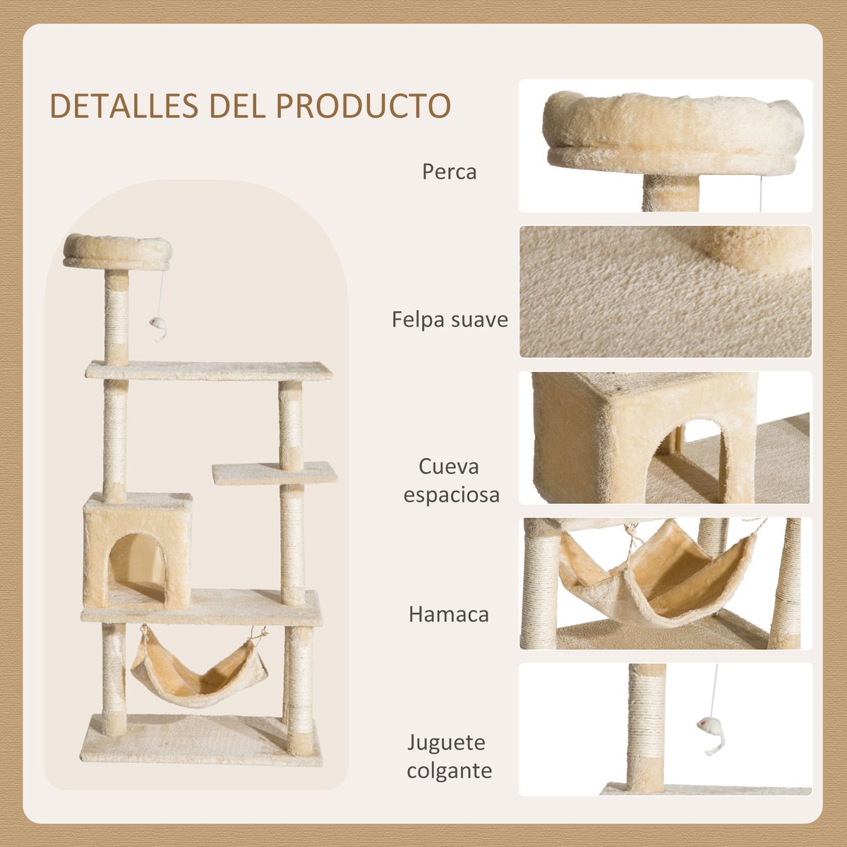 Árbol rascador Iguana PawHut hamaca + plataformas + cueva + bola beige 152x70x40 cm