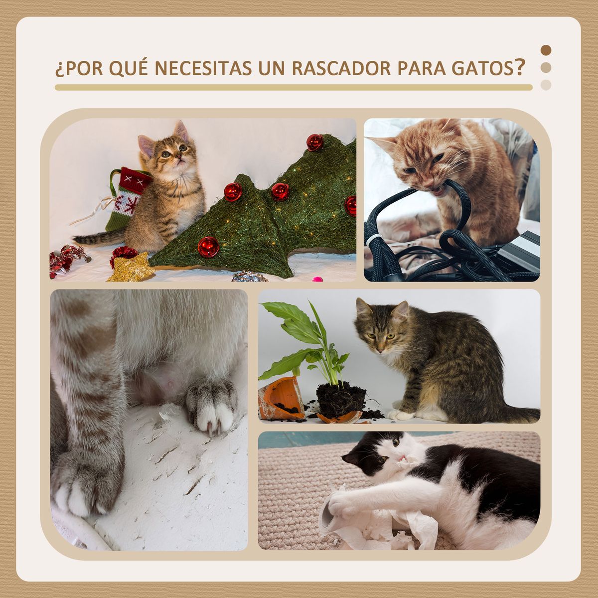 Árbol rascador Iguana PawHut hamaca + plataformas + cueva + bola beige 152x70x40 cm