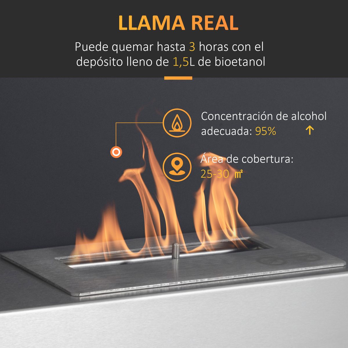 Chimenea de bioetanol Nogal Homcom combustión limpia negro 40x60x22 cm