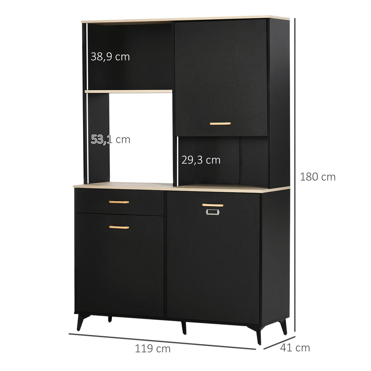 Aparador Luna Homcom 3 puertas + 1 cajón + estante negro 180x119x41 cm medidas