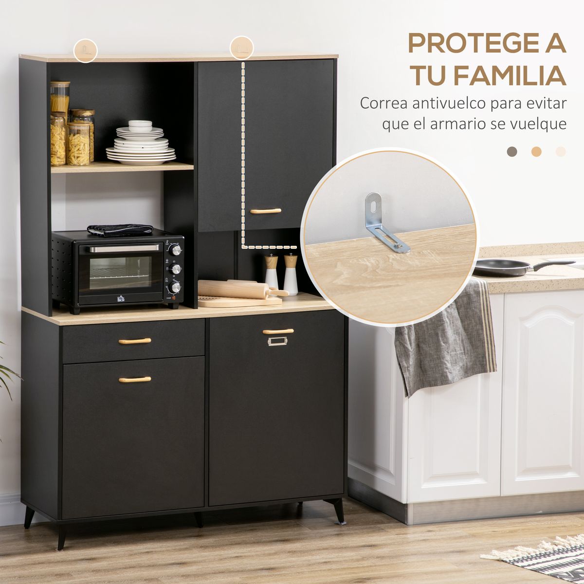 Aparador Luna Homcom 3 puertas + 1 cajón + estante negro 180x119x41 cm detalle