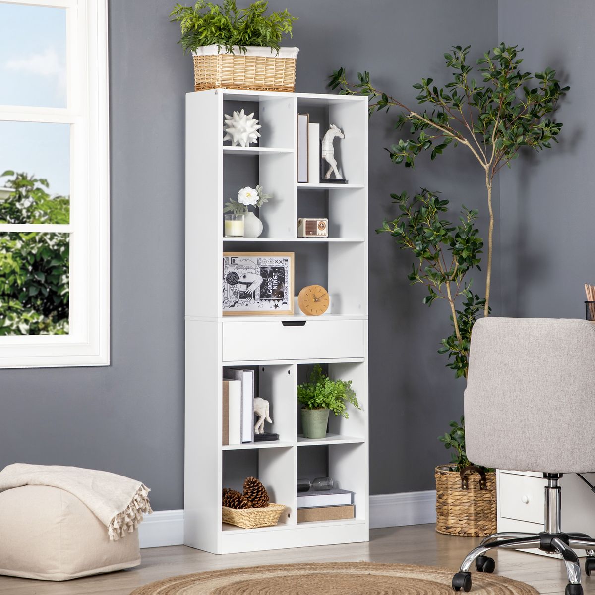 Estantería Ruiseñor Homcom 9 compartimentos + 1 cajón blanco 158x60x26 cm animada