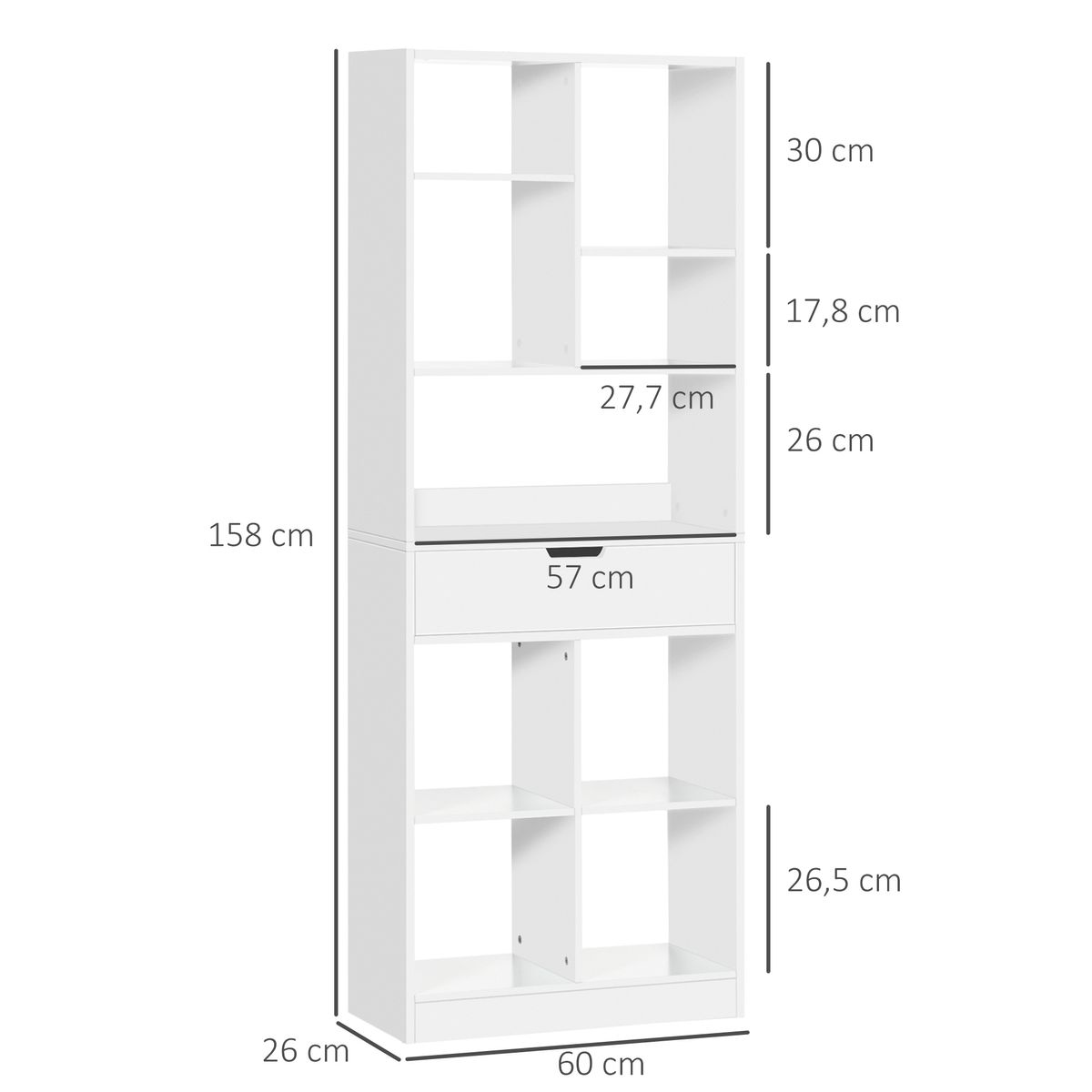 Estantería Ruiseñor Homcom 9 compartimentos + 1 cajón blanco 158x60x26 cm medidas